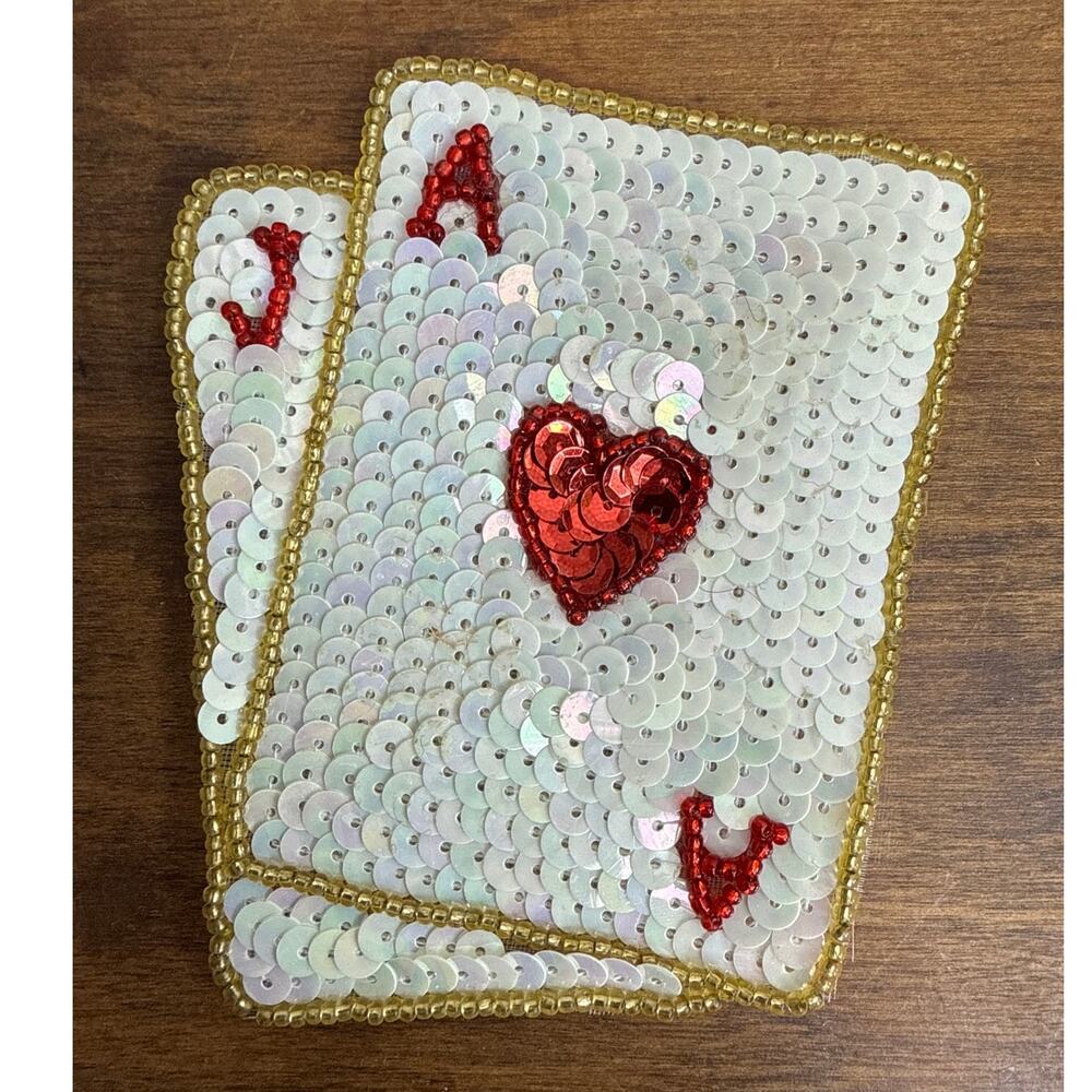 Sequined Iridescent Vintage Ace & Jack Of Hearts Playing Card Applique Patch